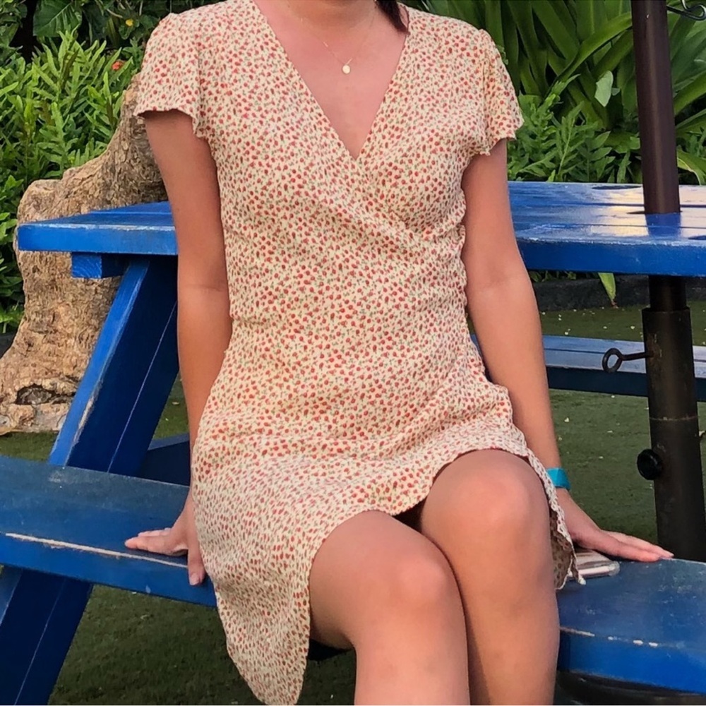 Brandy Melville Cream Mini Dress with Red Floral Print
